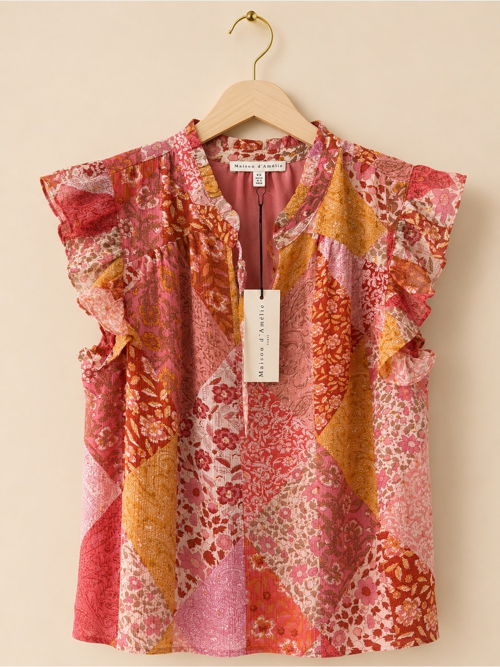 Maison d’ Amelie  Pink Multi Floral Patchwork Ruffle-Sleeve Camisole